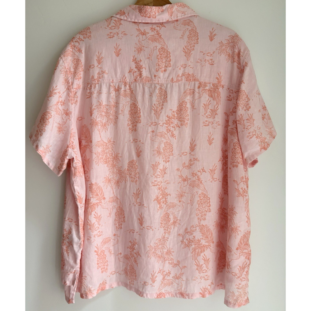 Cynthia Rowley Boxy Linen V-neck Button Up Top Peach Pink Toile Floral Size 1X - Picture 6 of 11